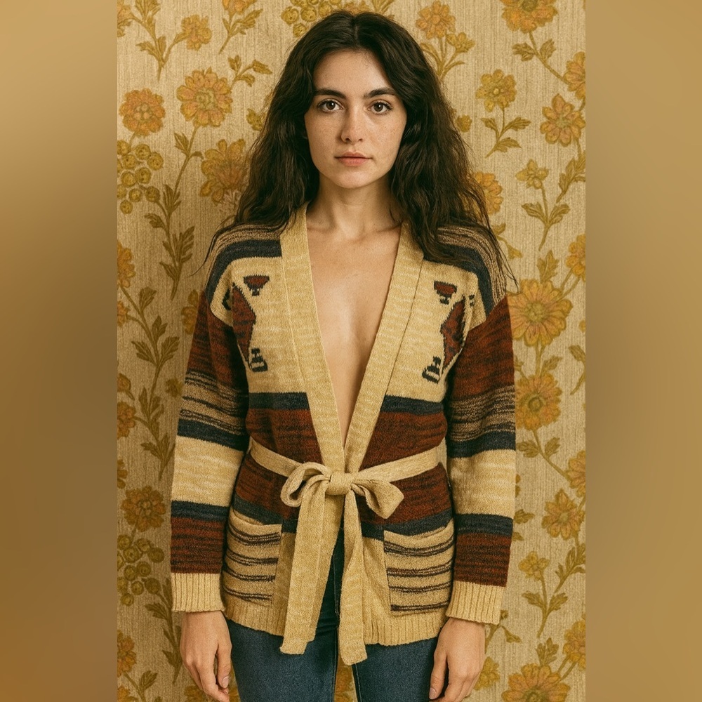 VINTAGE 70s Helen Sue Southwestern Sweater Cardigan Belted Boho Korean Aztec